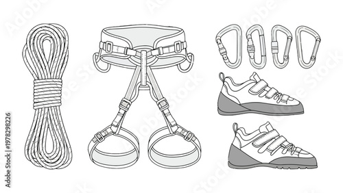 Climbing Equipment Lineup: An arranged climbing equipment with a rope, carabiner, climbing shoe, and harness, embodying adventure and challenge.