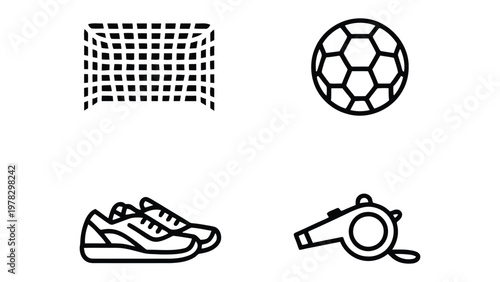 Soccer Essentials Illustration: A minimalist illustration presenting essential soccer elements. A goal, a soccer ball, a pair of cleats, and a whistle. A visual guide for players and fans alike.