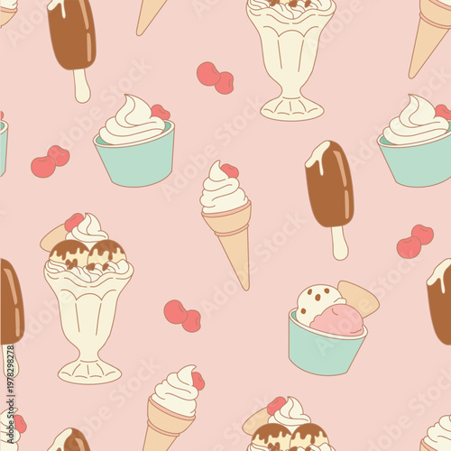 Seamless Pattern of Ice Cream Sundaes and Frozen Treats