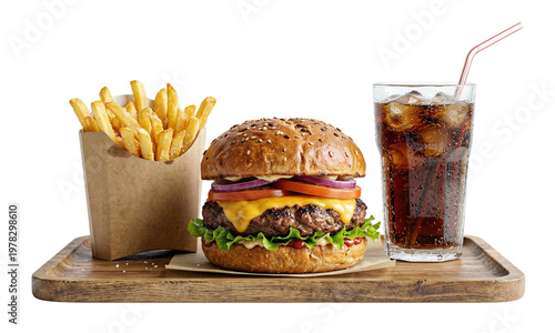 Schilderij op canvas Beef burger combo meal with golden french fries and glass of iced cola on wooden serving tray for restaurant marketing and fast food advertising materials isolated on transparent background setup