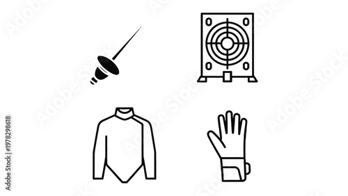 Fencing Equipment Illustration: An illustration showcasing essential fencing equipment: a foil, cooling fan, protective jacket, and a glove, highlighting the tools of the sport. 