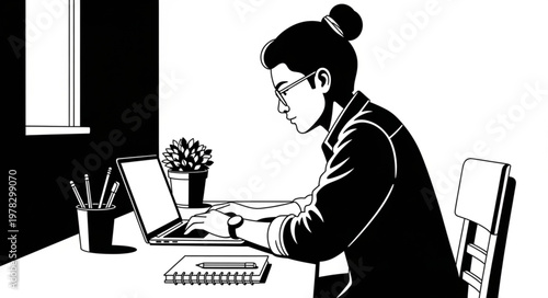 Woman Working On Laptop At Desk Focused.