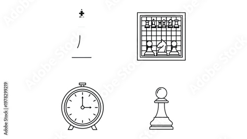 Chess Strategy Unveiled: A monochromatic composition showcases essential chess elements: a strategic board, a clock, and a pawn, inviting contemplation of the game's complexities.
