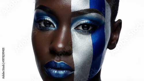 A person shows elaborate makeup with blue and silver face paint. The setting is a studio with a focus on artistic face design. Each shot highlights different angles and details.
