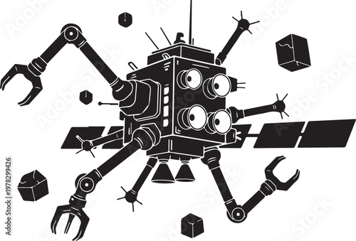 Robot, industrial robot, mechanical arms, black and white, vector illustration, robotic design, machinery, factory automation, industrial design