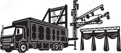 Stage, truck, and lighting equipment, event setup, concert, festival, vector illustration
