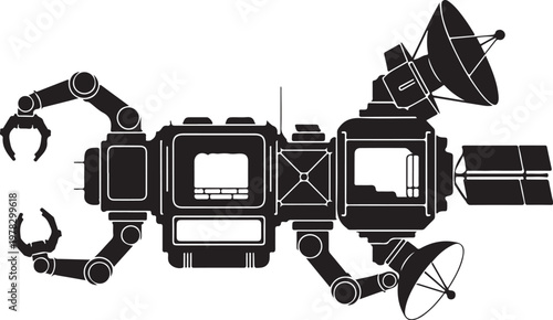 Robotic spacecraft, satellite, vector illustration, black and white, mechanical design