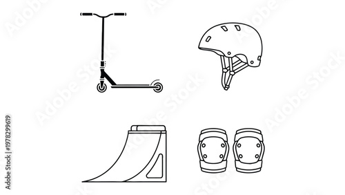 Essential Skateboarding Gear: A minimalist illustration of essential skateboarding equipment, featuring a scooter, helmet, ramp, and knee pad, designed for safety and skill development.