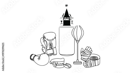 Boxing Gear Arrangement: An array of essential boxing equipment, including gloves, a punching bag, mouthguard, and hand wraps, arranged to highlight the tools of the sport.