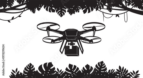 Drone, quadcopter, aerial, vector icon, black, silhouette, tropical foliage, leafy border