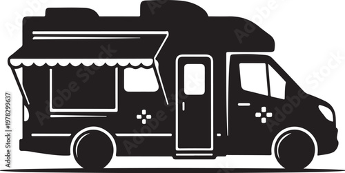 Motorhome, RV, camper van, recreational vehicle, travel trailer, black silhouette, vector icon