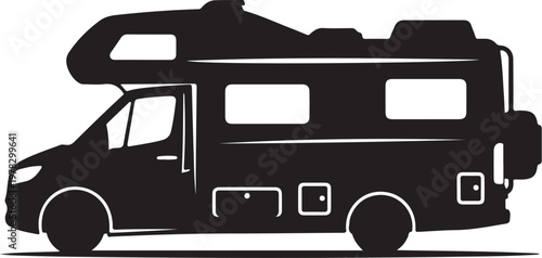 Motorhome, RV, camper van, travel trailer, black silhouette, vector icon