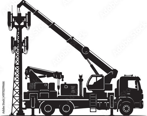 cellular tower crane, telecommunication mast truck, black silhouette illustration, mobile network antenna