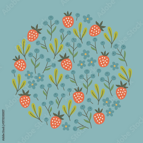 Summer greeting card with strawberries, flowers and small berries on blue background. Circle ornament. Perfect for seasonal holidays and decorations. Vector illustration