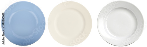 фотографія Assortment of clean empty ceramic plates in light blue, cream, and white colors, ready for food presentation