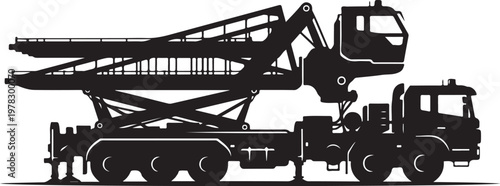 Heavy duty crane truck, industrial construction vehicle, black silhouette, transportation equipment, heavy machinery