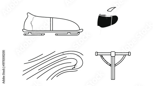 Bobsleigh Race Elements: An illustration showcasing key components of a bobsleigh race, including the sled, helmet, and steering mechanism, all set against a clean, simple backdrop.