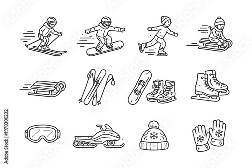 Winter sports and equipment illustrated with simple drawings