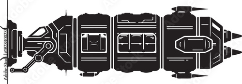 Futuristic spaceship, sci-fi vehicle, black and white illustration, futuristic transportation, spacecraft design