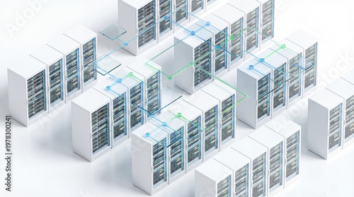 3D isometric view of minimalist data center with hierarchy tree