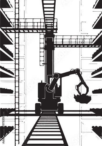 Industrial construction excavator, heavy machinery, black silhouette, railroad tracks, industrial background