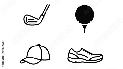 Golf Essentials: A minimalist flat lay of essential golf equipment. The set contains of club, ball, hat and shoe. An invitation to the green course!