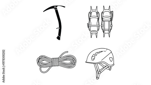 Essential Climbing Gear: A comprehensive display of vital climbing equipment, each element perfectly poised to aid adventurers in their ascent. Includes ice axe, crampons, coiled rope, and helmet.