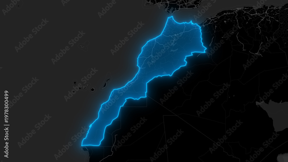 Obraz premium Stylized Blue Glow Map on Dark Background High Resolution Digital Graphic - Morocco