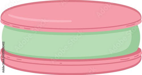 Pistachio ice cream macaron sandwich with pink strawberry almond cookies isolated on transparent background