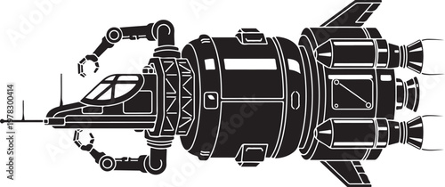 Spacecraft, futuristic spaceship, rocket ship, black and white vector illustration