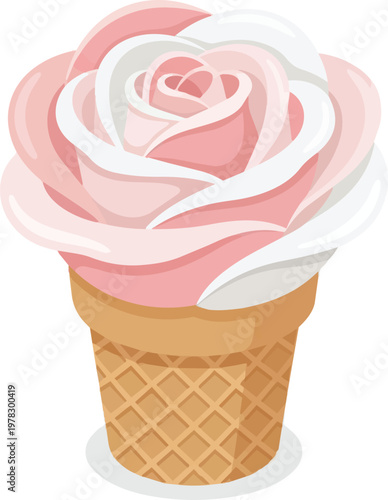 Rose-shaped pink and white gelato ice cream in a wafer cone isolated on transparent background