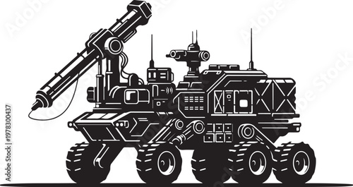 Military robot, robotic vehicle, missile launcher, futuristic tank, black and white vector
