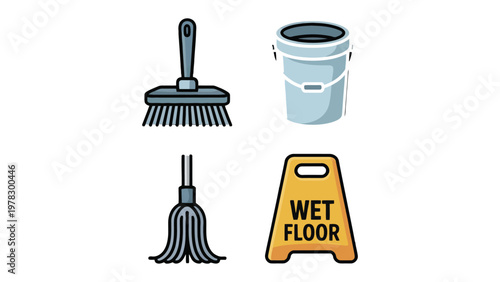 Essential Cleaning Tools: A collection of vital tools for effective cleaning, with a brush, bucket, mop, and a wet floor sign. Designed for hygiene and cleanliness.