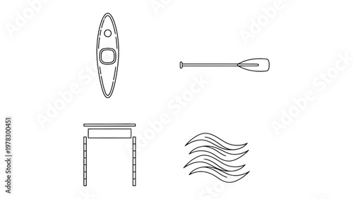 Kayaking Gear Illustrated: An overhead view showcases the essential equipment, perfect for recreational or competitive aquatic adventures, including a kayak, paddle, and wave illustrations.