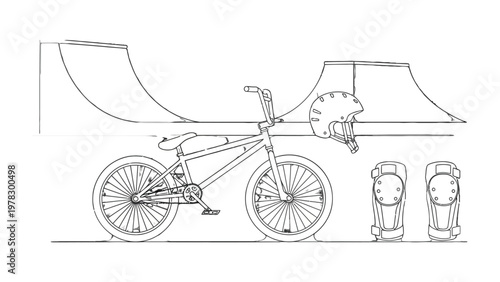BMX Bike Line Art Composition: Detailed line art showcases a BMX bike beside ramps, a helmet, and protective gear, symbolizing action and a dynamic lifestyle.