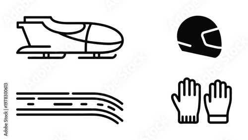 Bobsleigh Icons: A set of minimalistic icons representing the essential elements of bobsleigh sport. The image showcases the sled, helmet, track, and gloves.