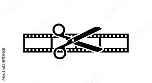 A minimalist vector graphic of scissors cutting a film strip, symbolizing video editing and filmmaking.