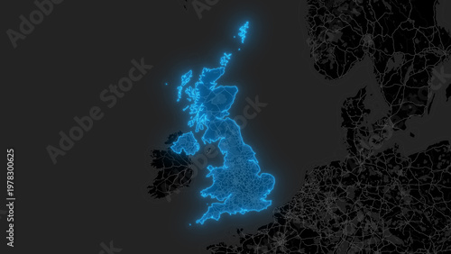 Stylized Blue Glow Map on Dark Background High Resolution Digital Graphic - United Kingdom
