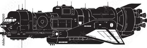 Futuristic Spaceship, Spacecraft Illustration, Black and White Vector, Sci-Fi Ship Design
