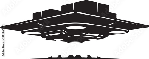 UFO, spaceship, flying saucer, black silhouette, vector icon