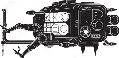 Industrial robotic arm, mechanical engineering, technical drawing, black and white vector, industrial automation, robotics