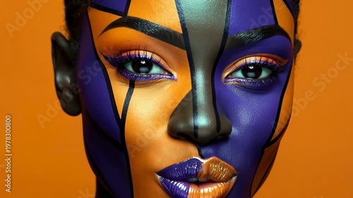 Artists paint a woman's face with bright colors and patterns in a studio. The focus is on the details of her makeup and expressions. Time is spent capturing creative techniques.