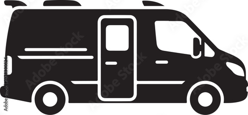 Black camper van, motorhome icon, vehicle silhouette, travel transportation