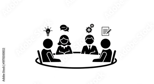 A minimalist vector graphic illustration of four people sitting around a table with thought bubbles and ideas