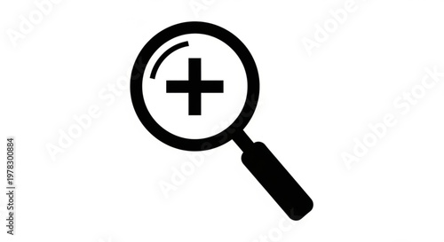 A minimalist magnifying glass icon with a plus sign in the center, symbolizing search and addition.