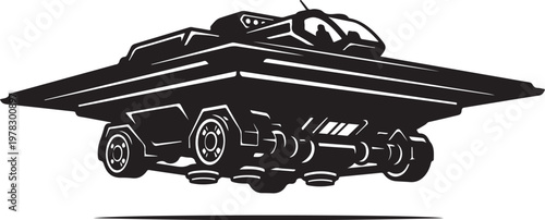 Black and white UFO, futuristic flying saucer, vector spaceship, sci-fi vehicle