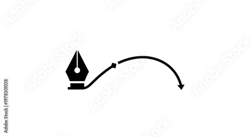 A minimalist vector graphic of a fountain pen nib with a flowing ink line and arrow