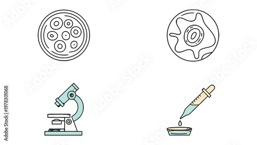 Science Icons: A set of clean, minimalist icons, including cell samples in petri dishes, an illustration of a cell, a laboratory microscope, and a dropper dispensing liquid into a small dish.
