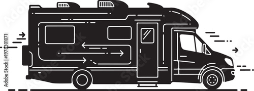Motorhome, RV, camper van, recreational vehicle, travel trailer, vector icon