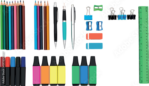 School stationery vector set featuring pencils, pens, markers, highlighters, binder clips and ruler isolated office supply illustration collection